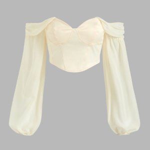 Cider Solid Off Shoulder Corset Blouse Crop Top Cottagecore Flowy Sleeves SIZE L